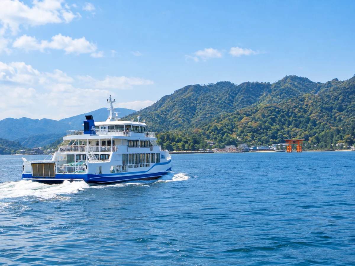 Illustration of a white passenger ferry crossing to Miyajima with the torii far off to the right